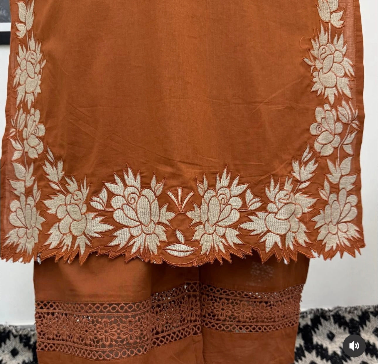 Elegant Collections Cotton Salwar Suit in brown with intricate floral embroidery at hem