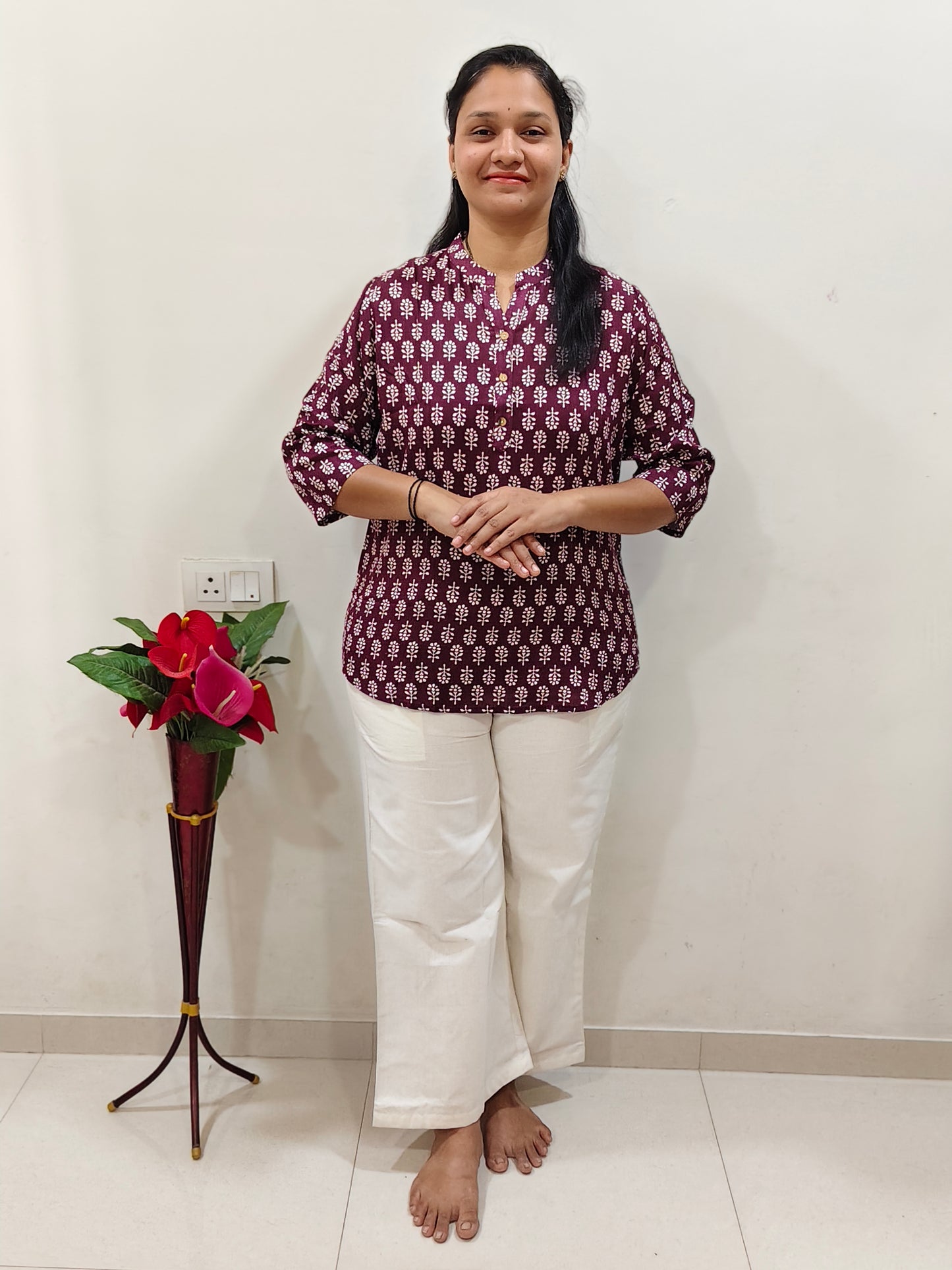 Elegant Collections Cotton Short Kurti in Wine Color with Traditional Print for Casual Wear