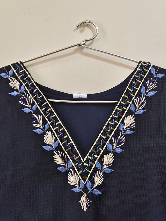 Elegant designer V-neck kurti navy with intricate floral embroidery and elegant detailing