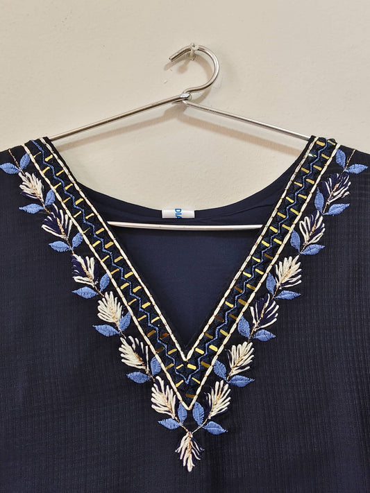 Elegant designer V-neck kurti navy with intricate floral embroidery and elegant detailing