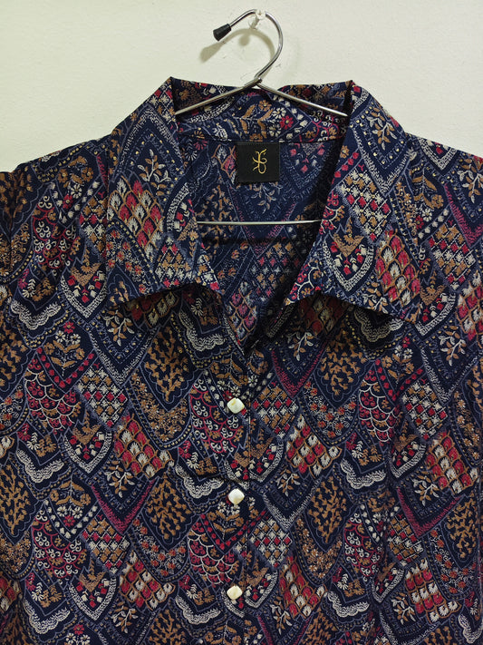 Elegant Collections Indigo Co Ord Sets for Women featuring a stylish patterned blouse with a collar