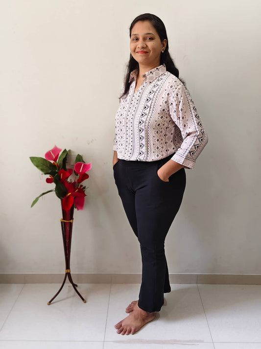 Elegant Collections Malai Silk Office Wear Blouse with Geometric Patterns and Slim Fit Trousers