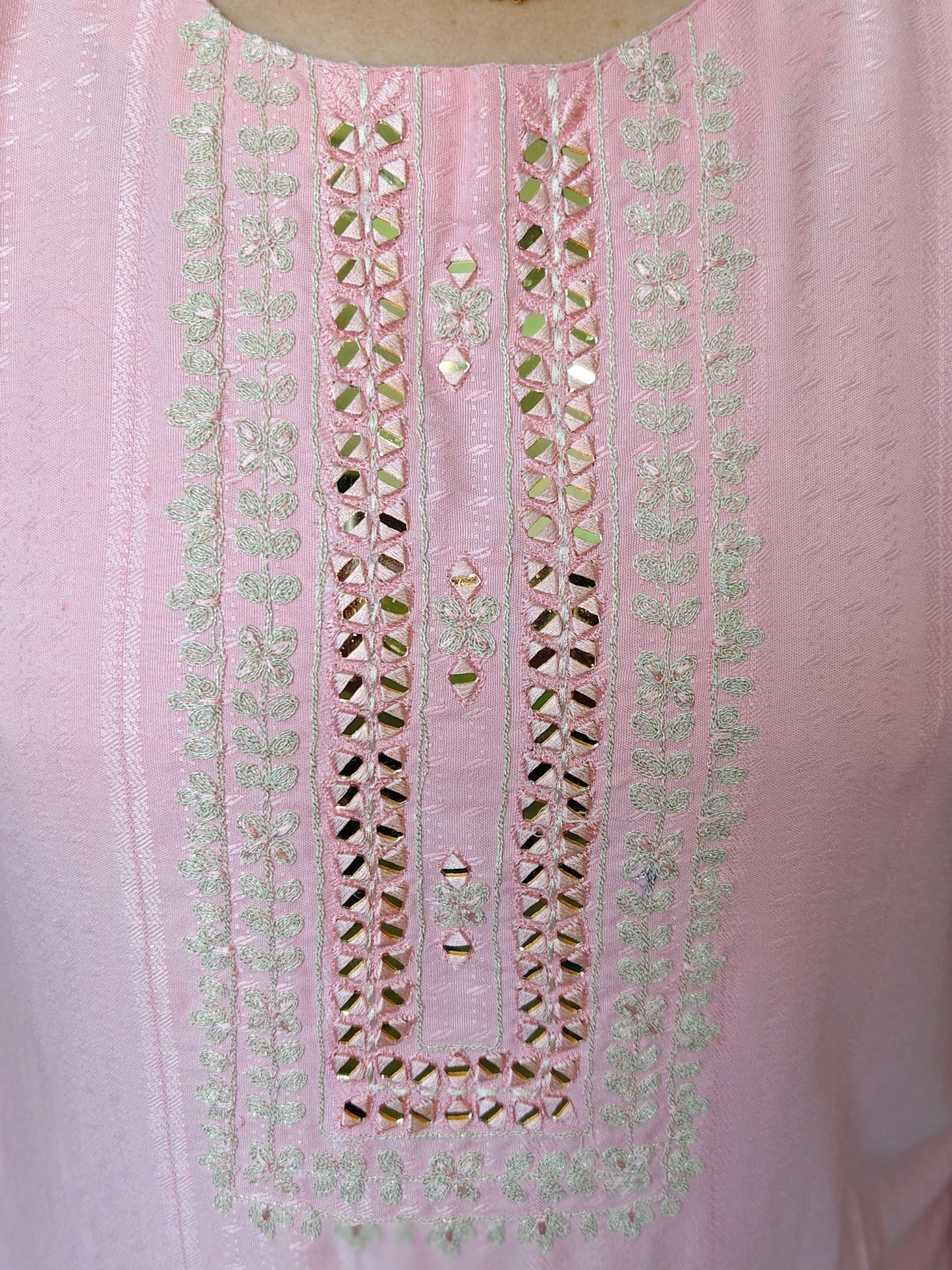 Elegant Collections pink mirror work kurti for women with intricate silver embroidery and mirror detailing
