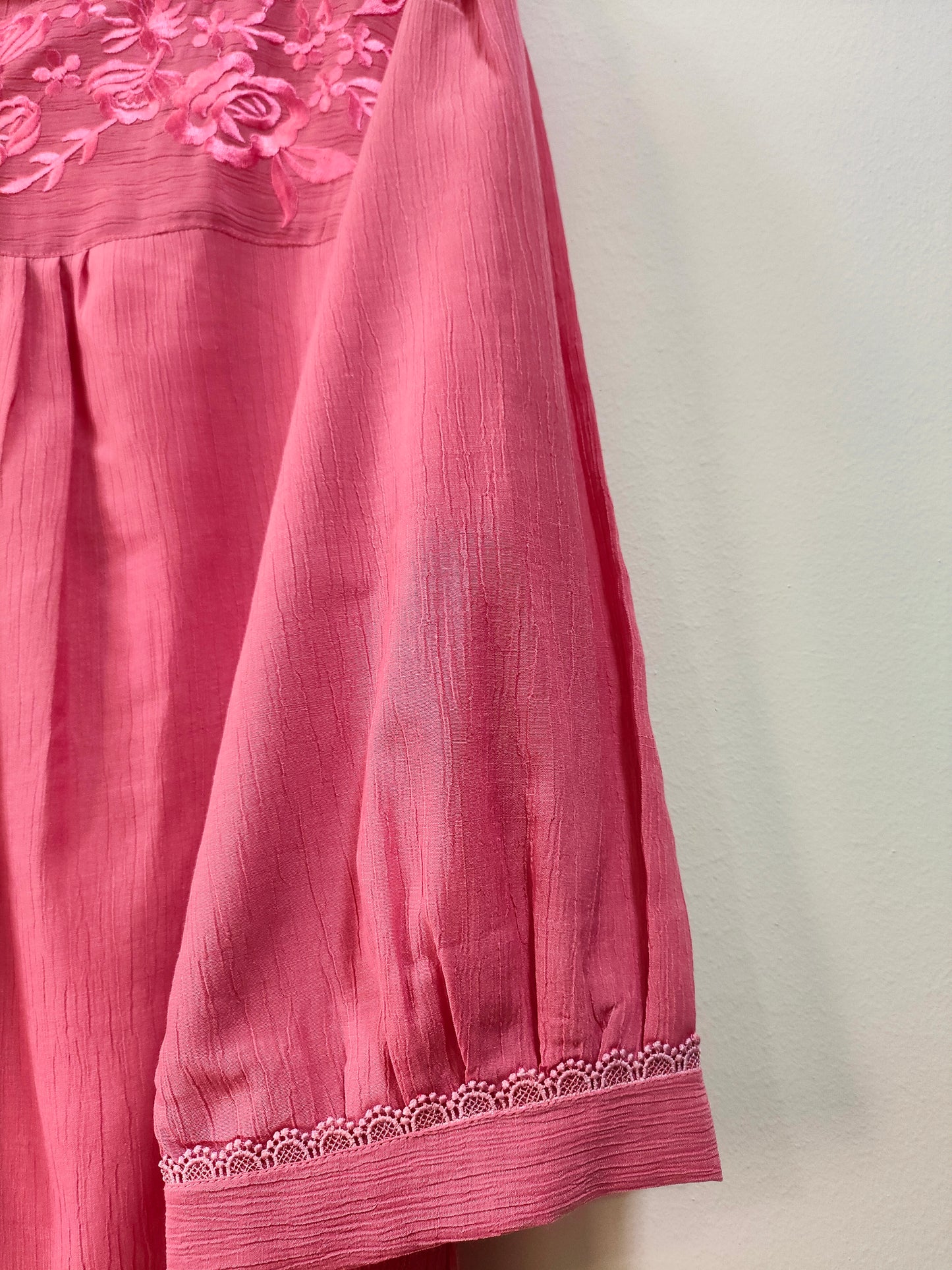 Elegant Collections Onion Pink Short Kurti with Floral Embroidery and Detailed Sleeves