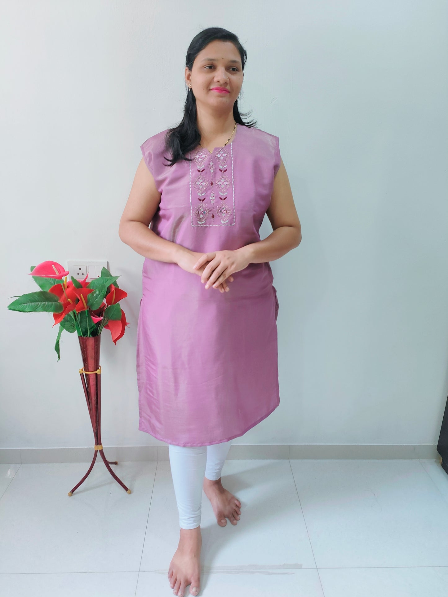 Elegant Collections Plus Size Cotton Silk Kurti in Light Purple with Embroidered Details