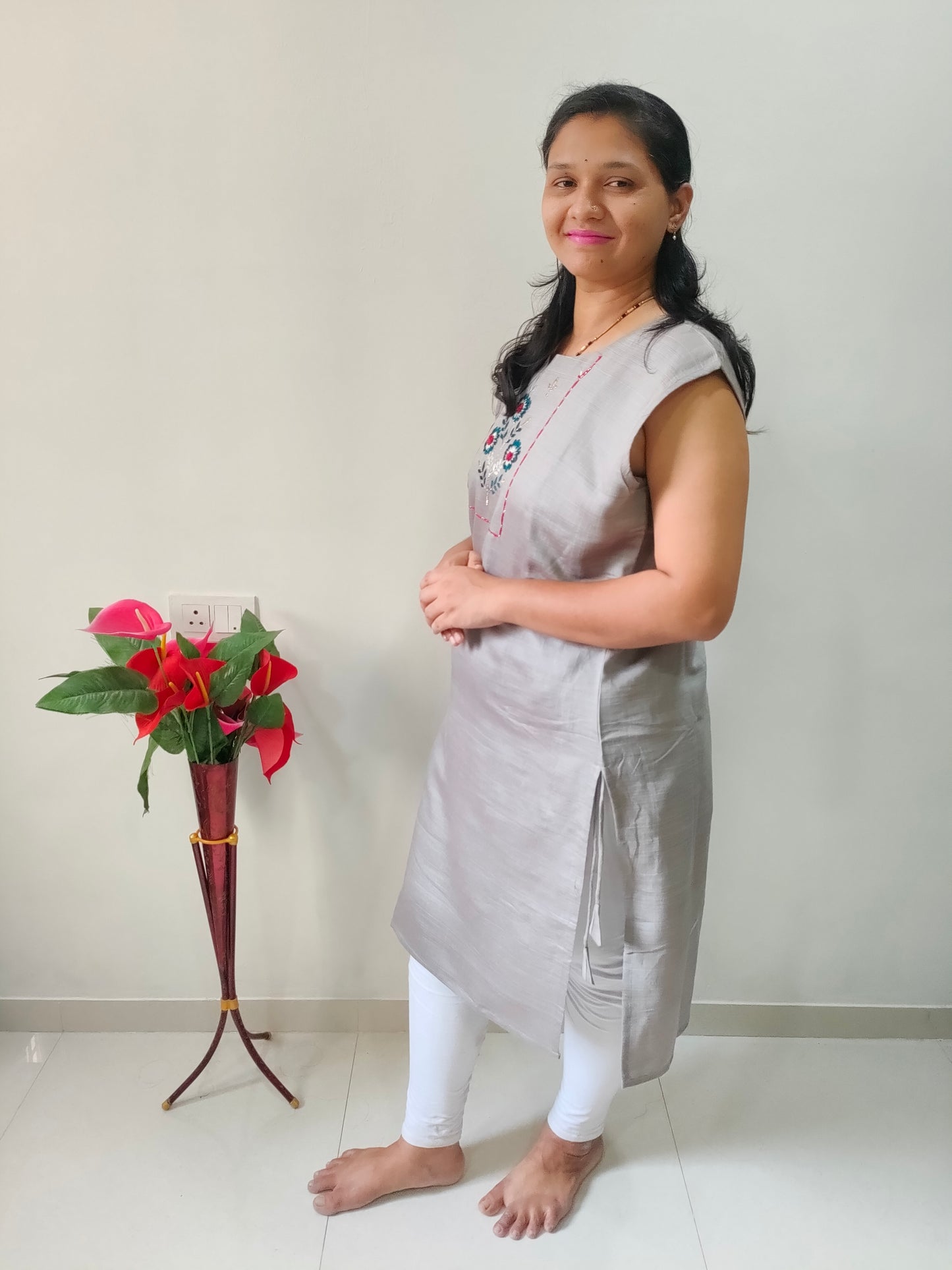 Elegant plus size grey cotton silk kurti with stylish embroidery, perfect for casual occasions