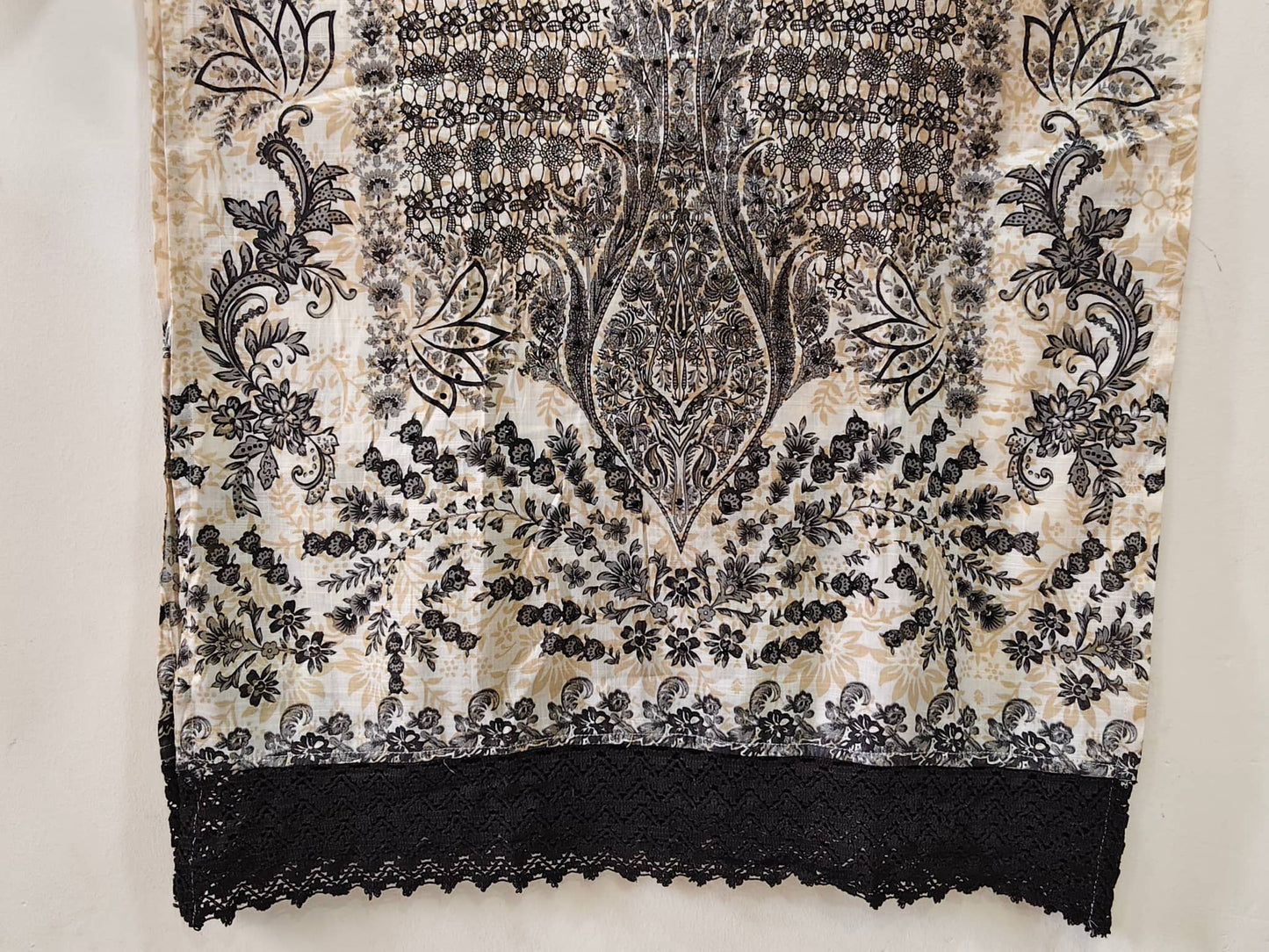 Elegant premium cotton kurti set with intricate black and gold floral patterns and lace detailing