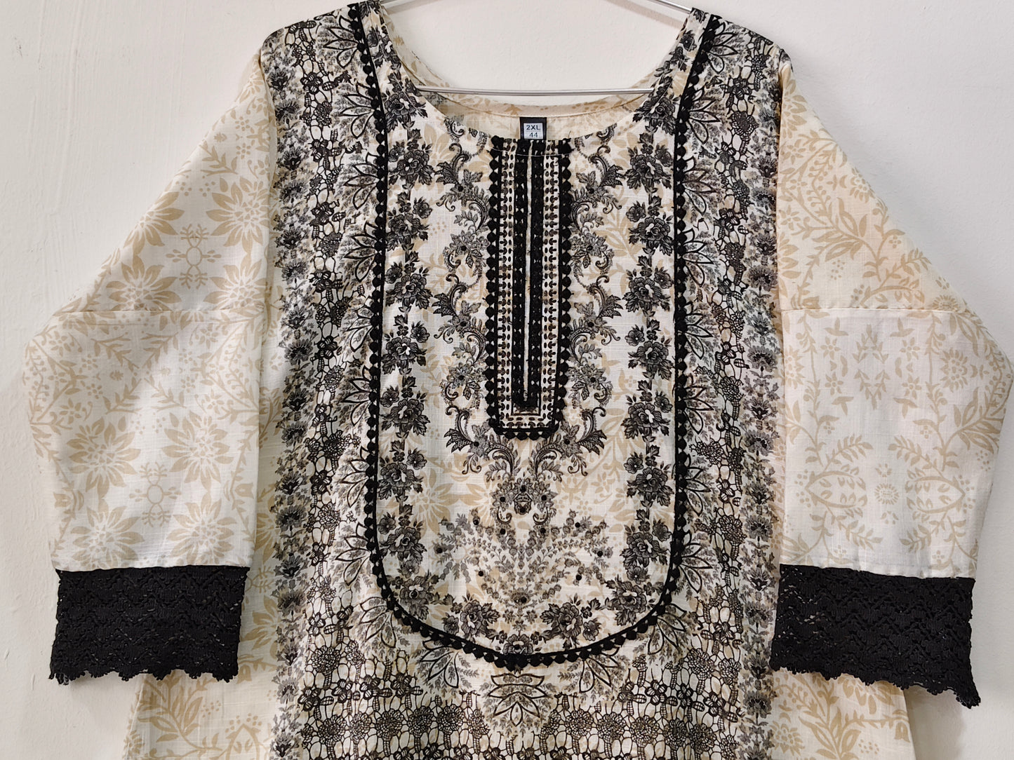 Elegant Collections Premium Cotton Kurti Set with Intricate Black and White Floral Design