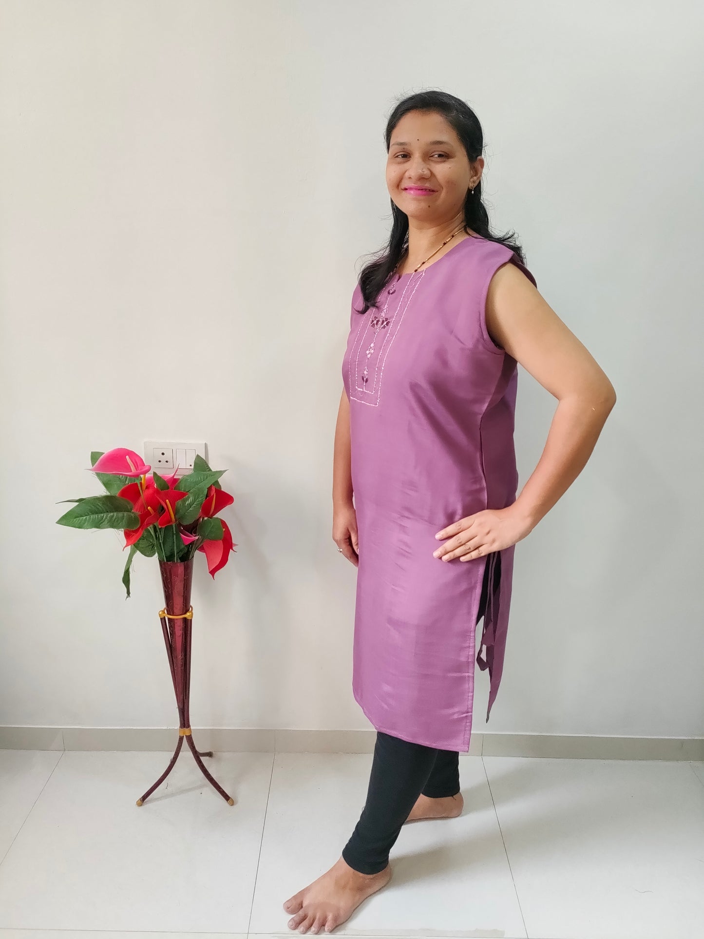 Elegant Collections Premium Cotton Silk Kurti in Lavender with Embroidery and Side Slits