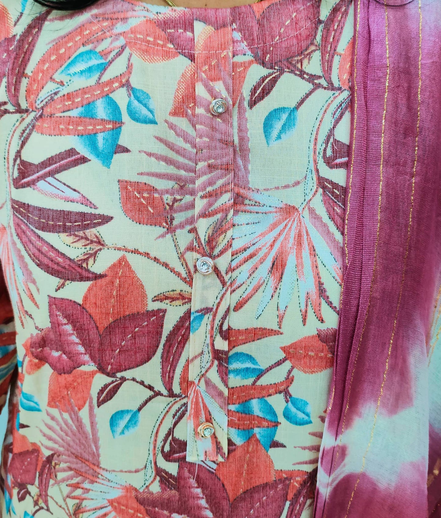 Elegant Collections premium kurti pant dupatta set with colorful floral patterns and buttons for stylish outfits