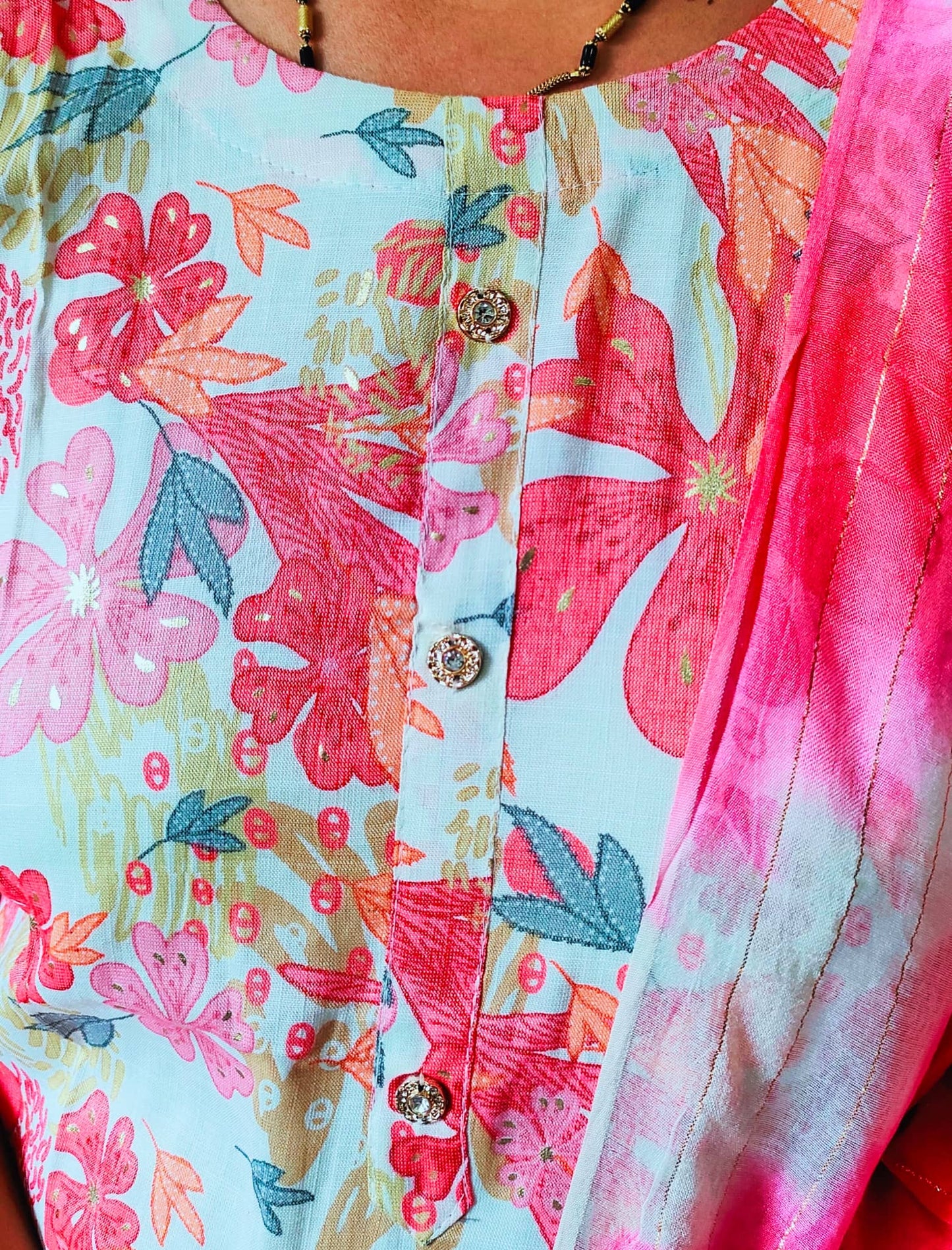 Elegant Collections Premium Rayon Kurti Set with Vibrant Floral Print and Button Detail