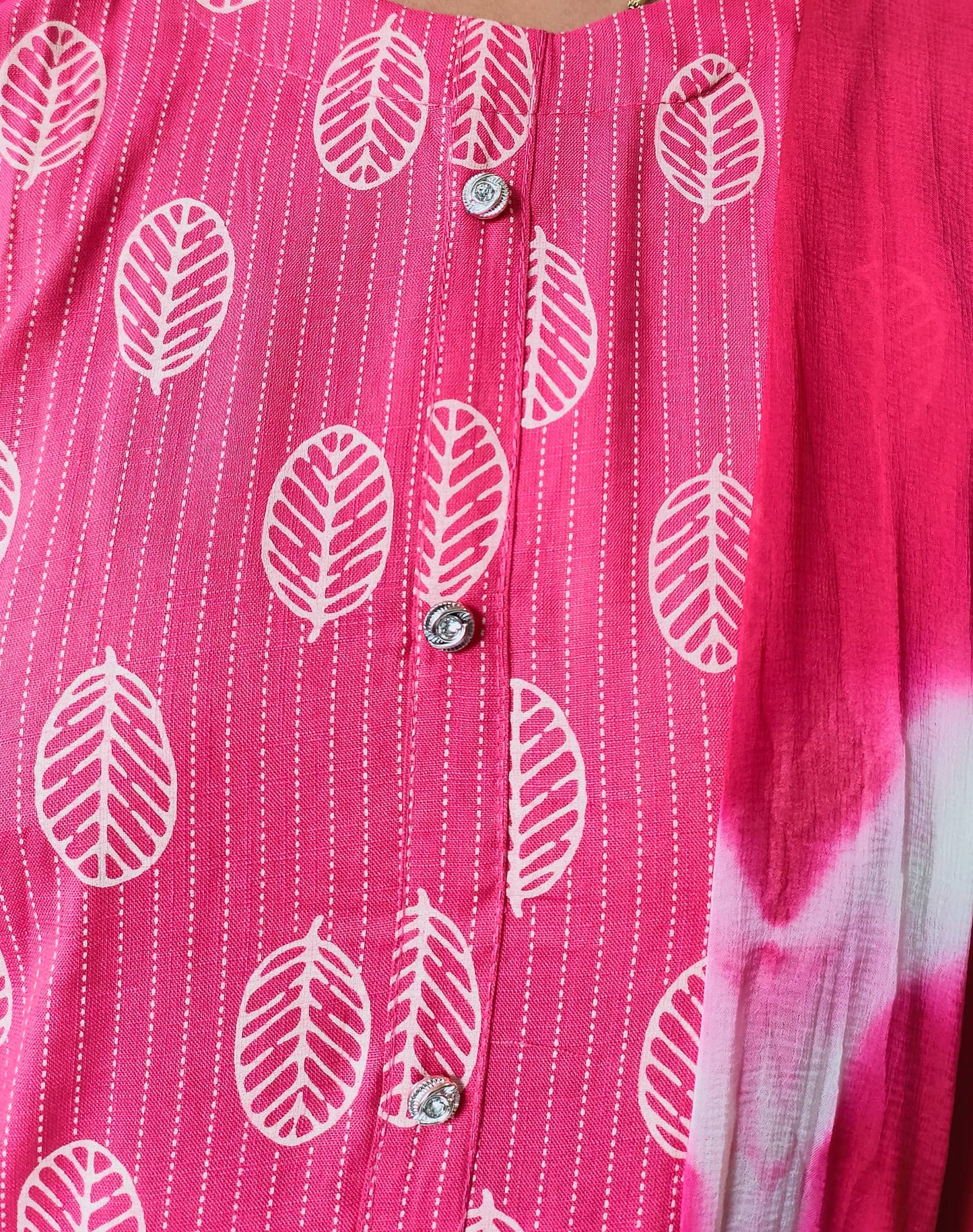 Elegant Collections premium rayon kurti set with pink leaf pattern and button details
