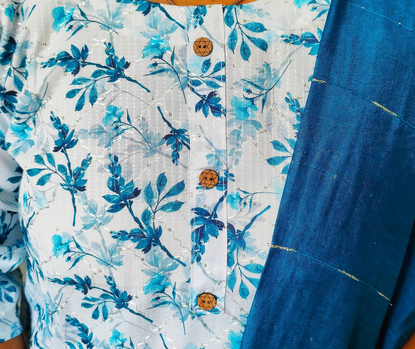 Elegant Premium rayon kurti set with floral patterns and blue dupatta for stylish women’s wear