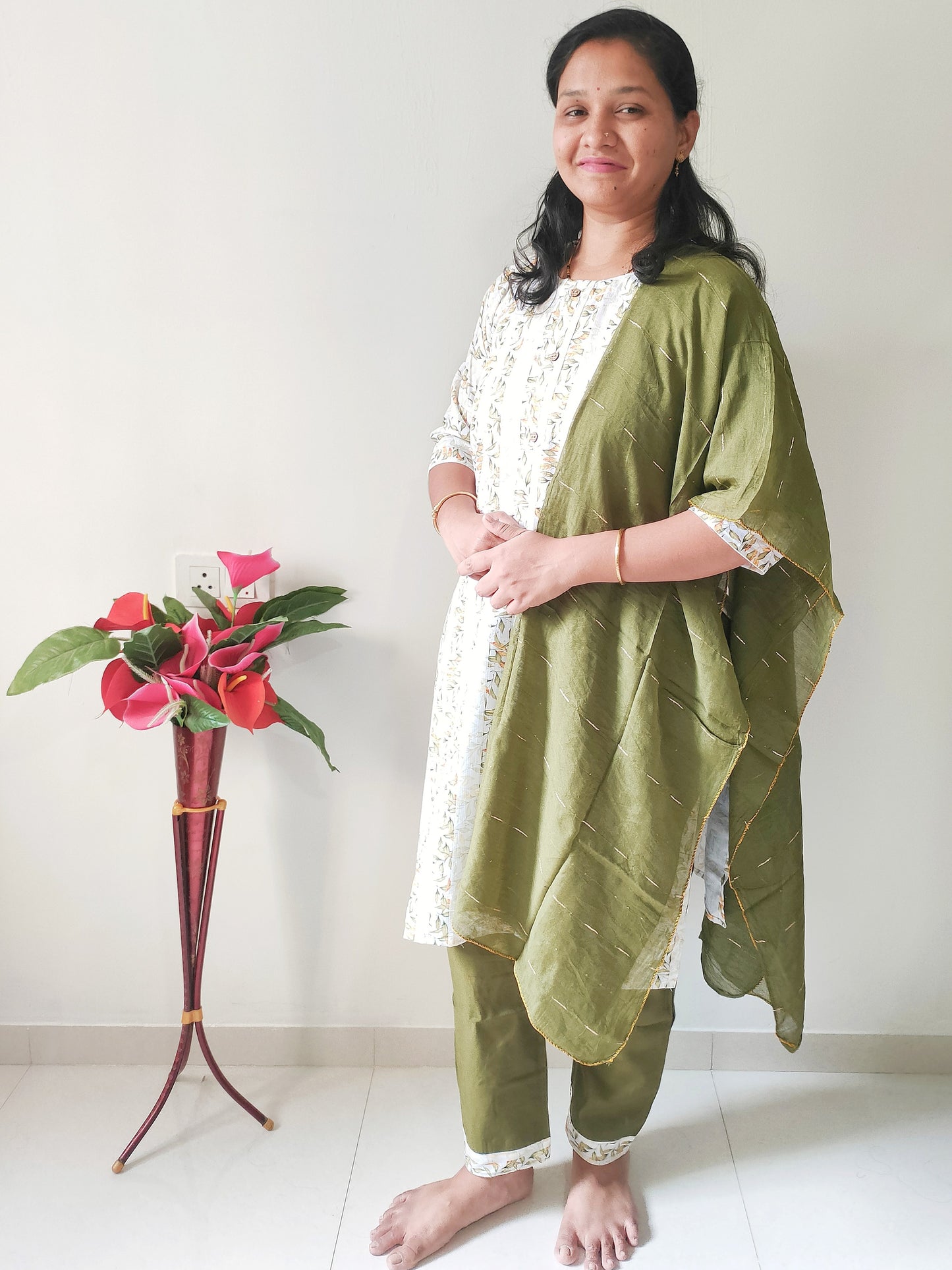 Elegant Collections premium rayon kurti set in olive green with matching pants and dupatta