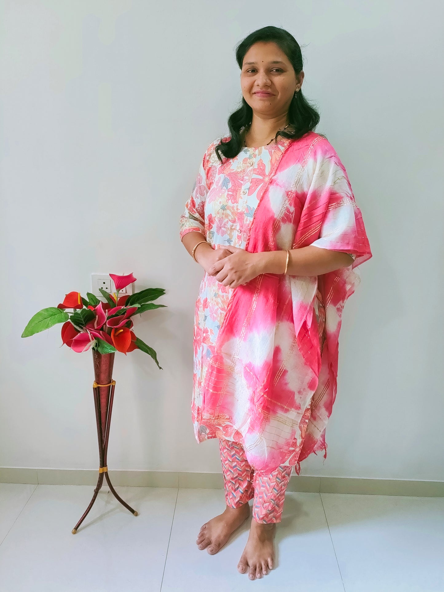 Elegant Collections premium rayon kurti set in pink floral design with matching leggings