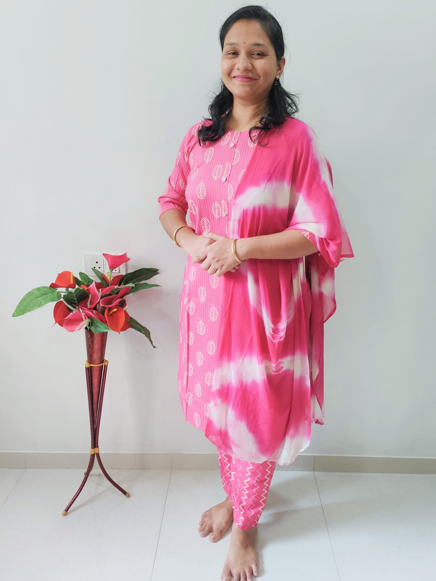 Elegant Collections premium rayon kurti set in pink with printed design and elegant styling