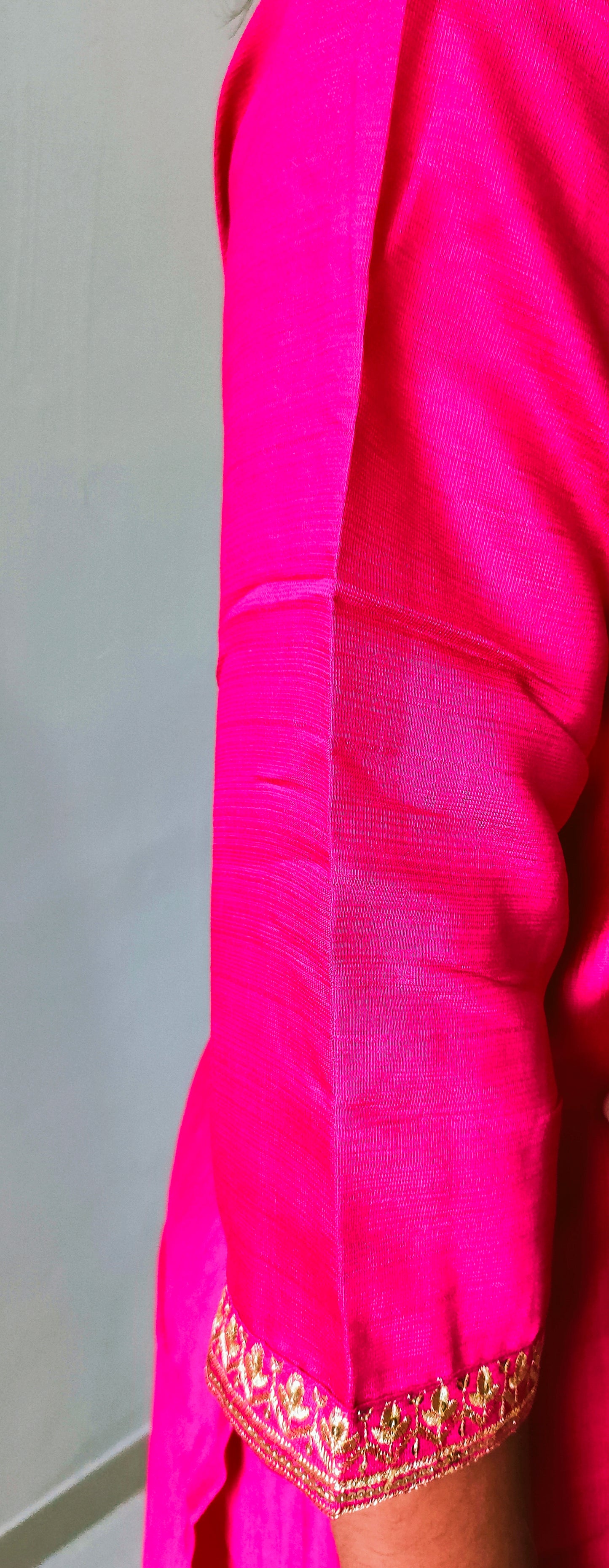 Elegant Premium silk kurti pant set in vibrant pink with beautiful gold embroidery on the sleeves