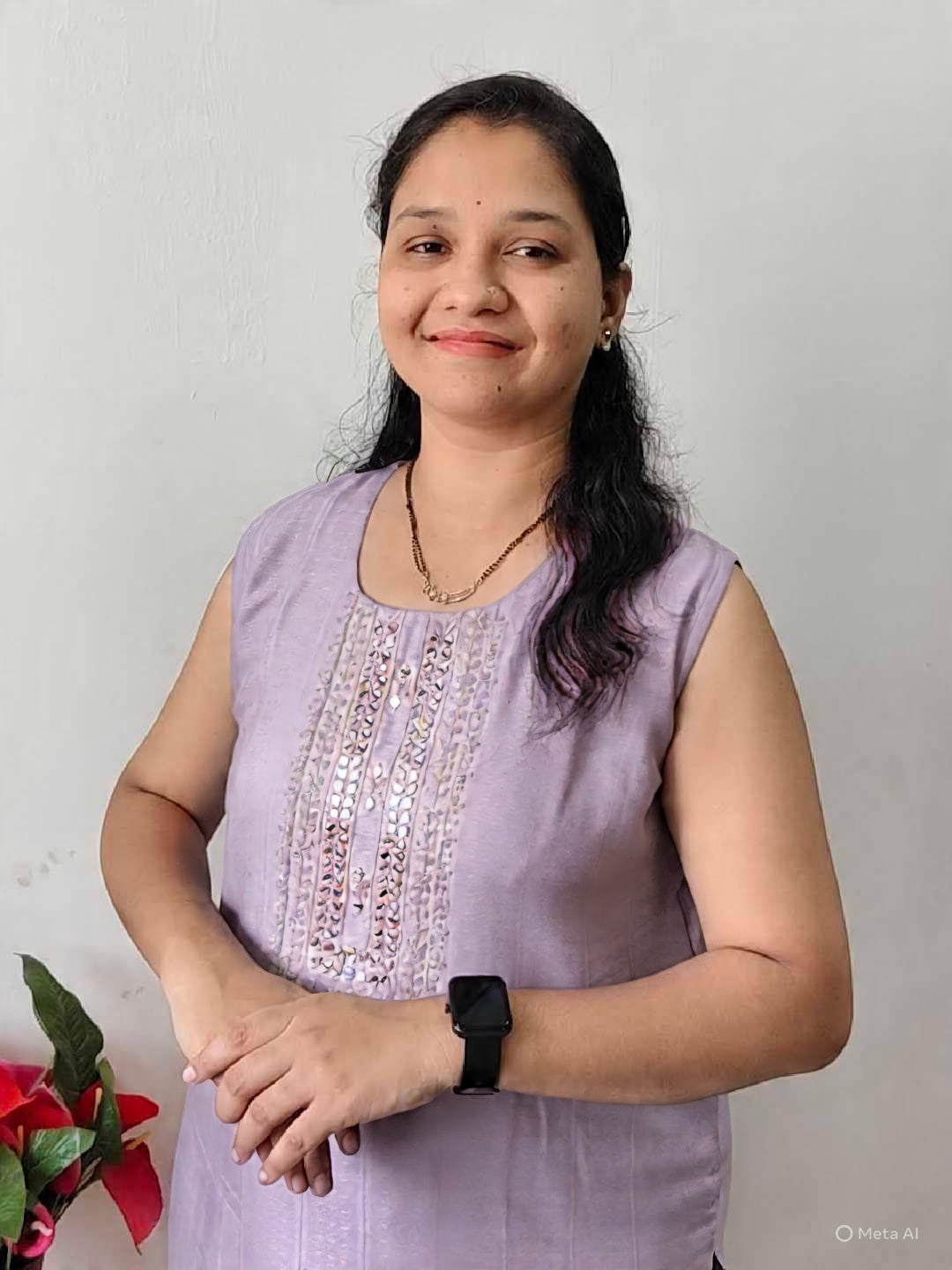 Woman wearing Elegant Collections premium viscose mirror work kurti in light purple sleeveless design