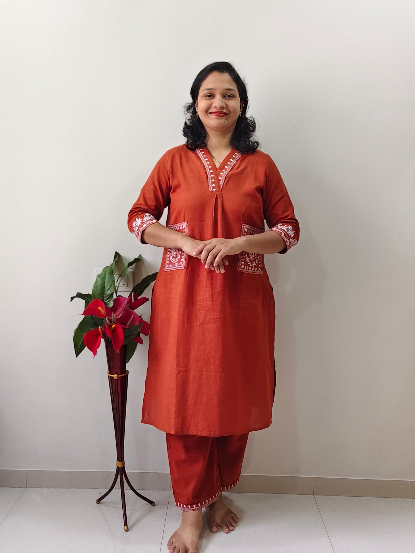 Elegant Collections pure cotton co ord set for women in rust color with white embroidery details