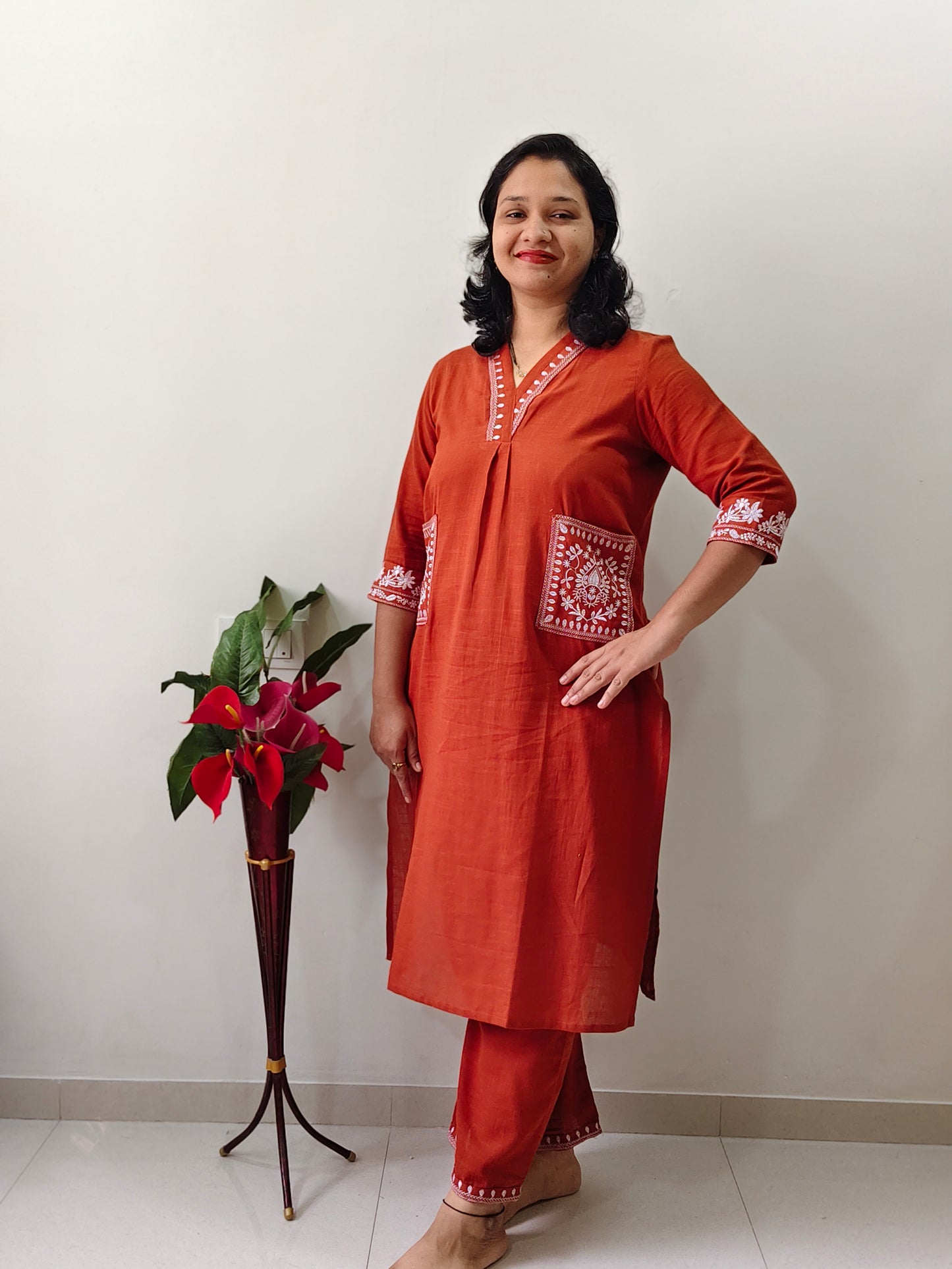 Elegant Collections pure cotton co ord set for women in rust with white embroidery and three-quarter sleeves