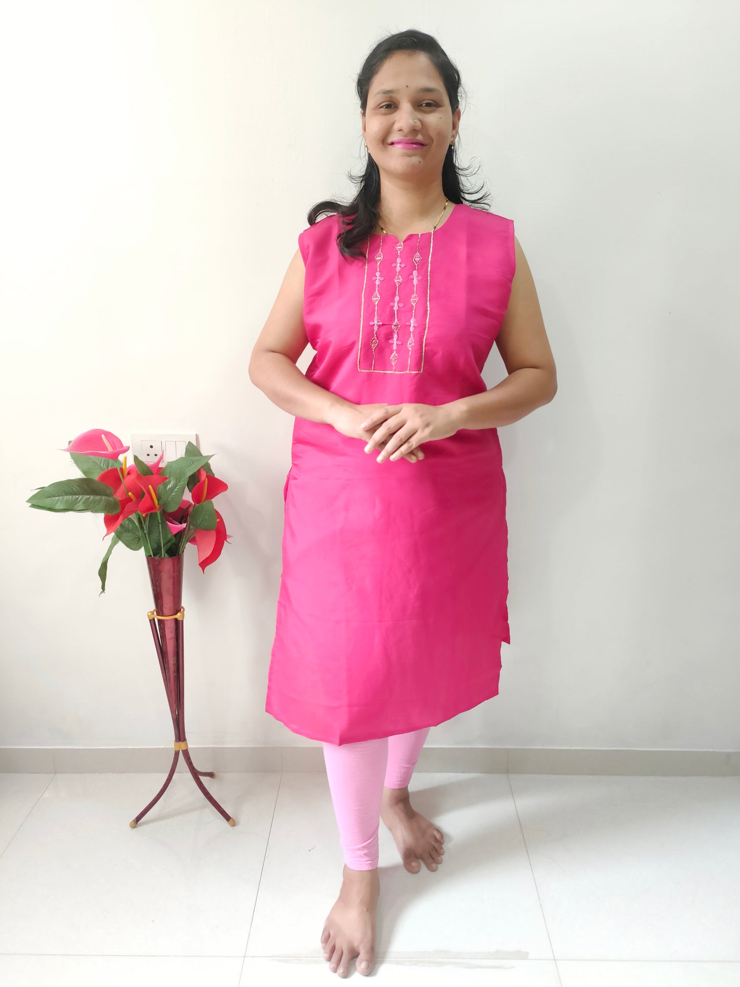 Elegant Rani Pink Cotton Silk Kurti with Embroidered Neckline, perfect for casual wear