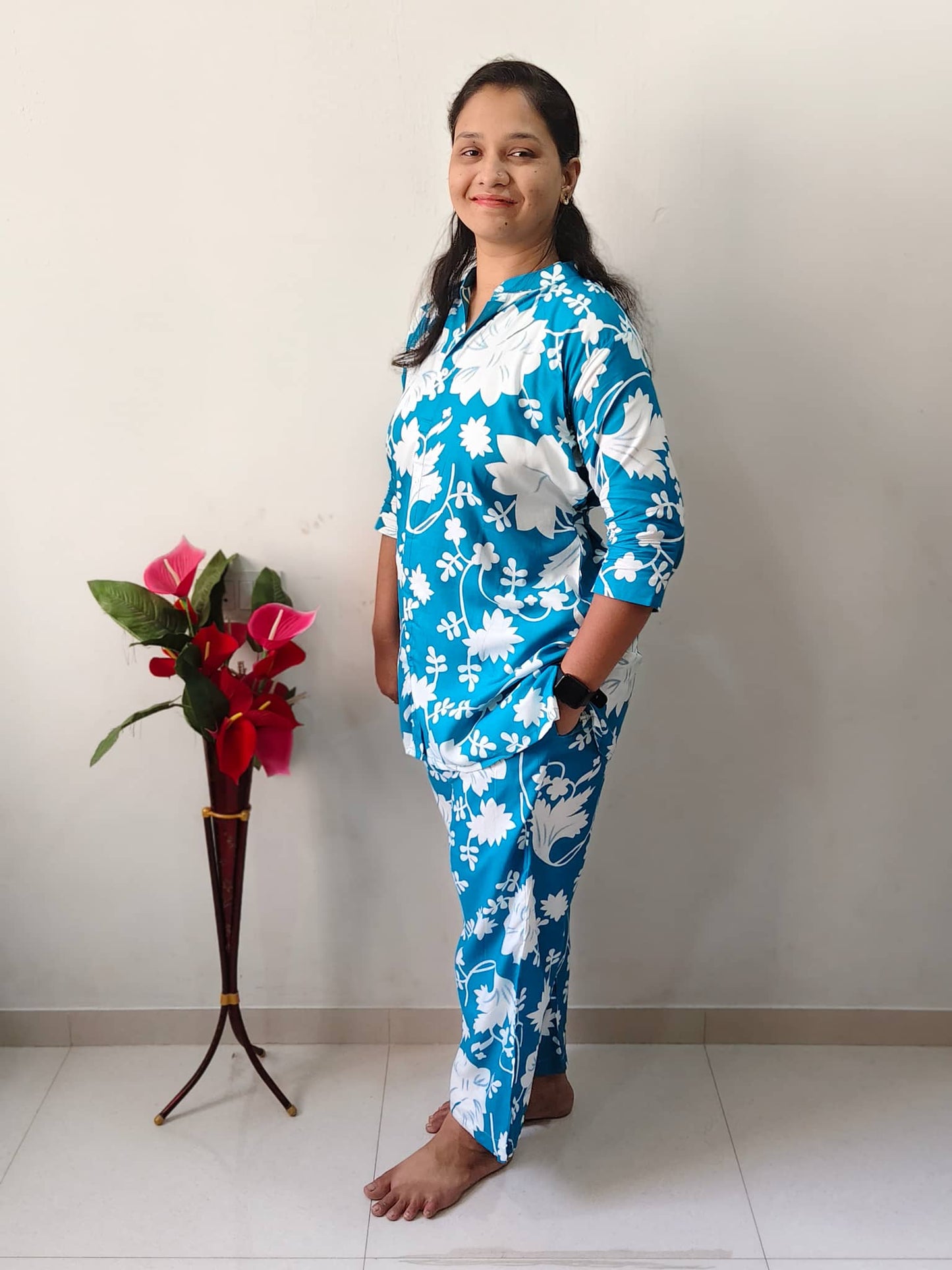 Elegant Collections sky blue cord set featuring floral print for comfortable loungewear