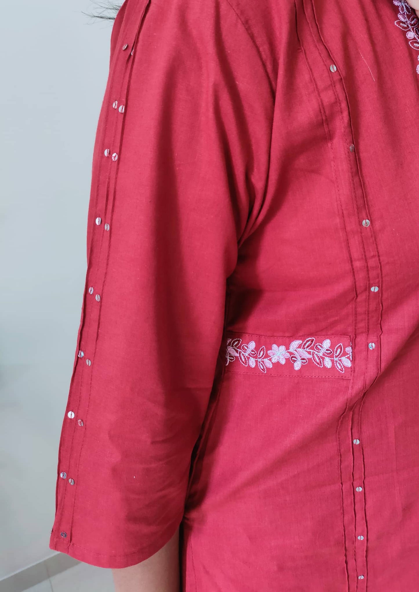 Elegant summer cotton co ord set in vibrant red with floral embroidery details on sleeves