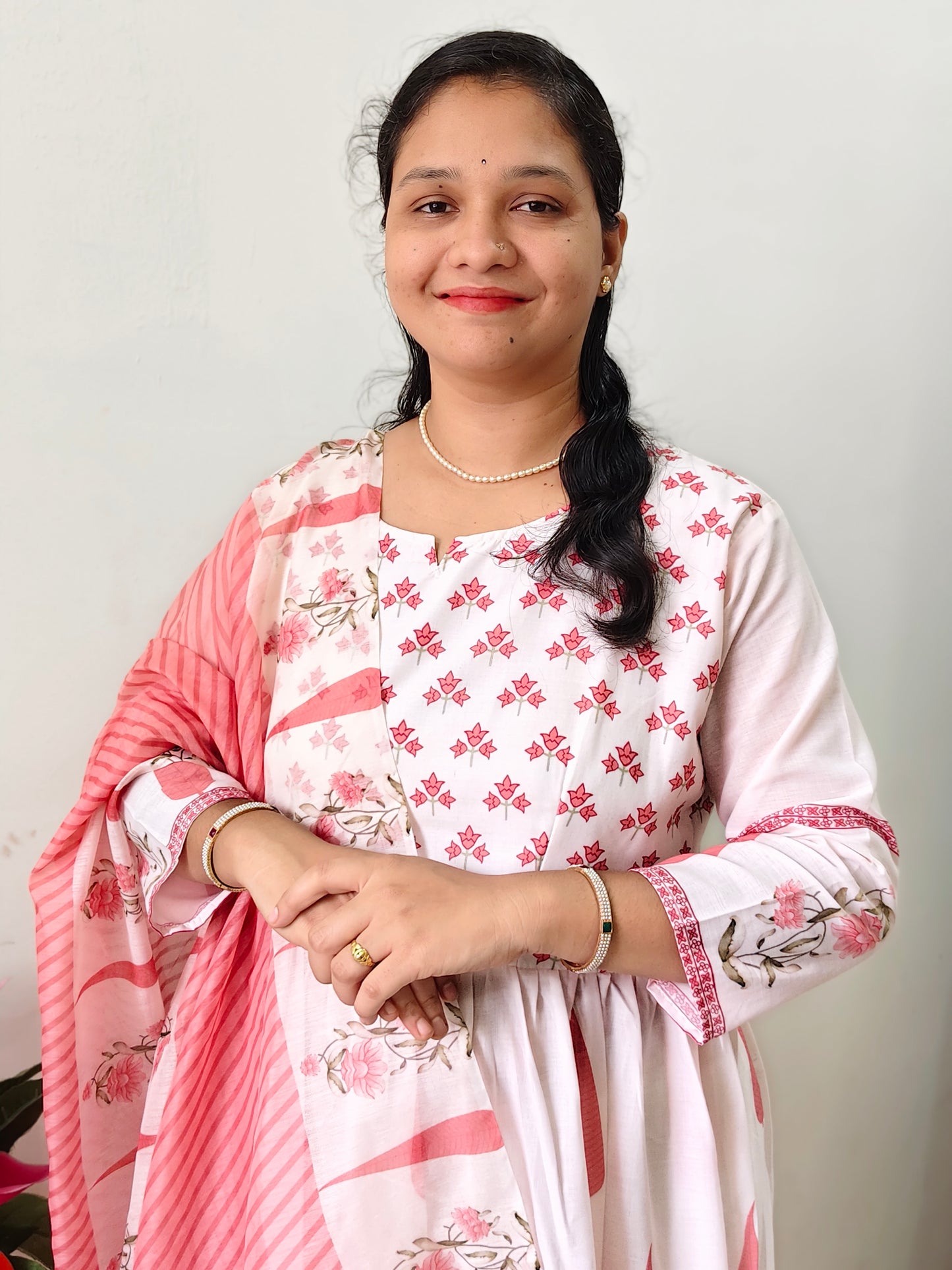 Elegant Collections umbrella type kurti pant set in pink and cream with floral design and matching dupatta