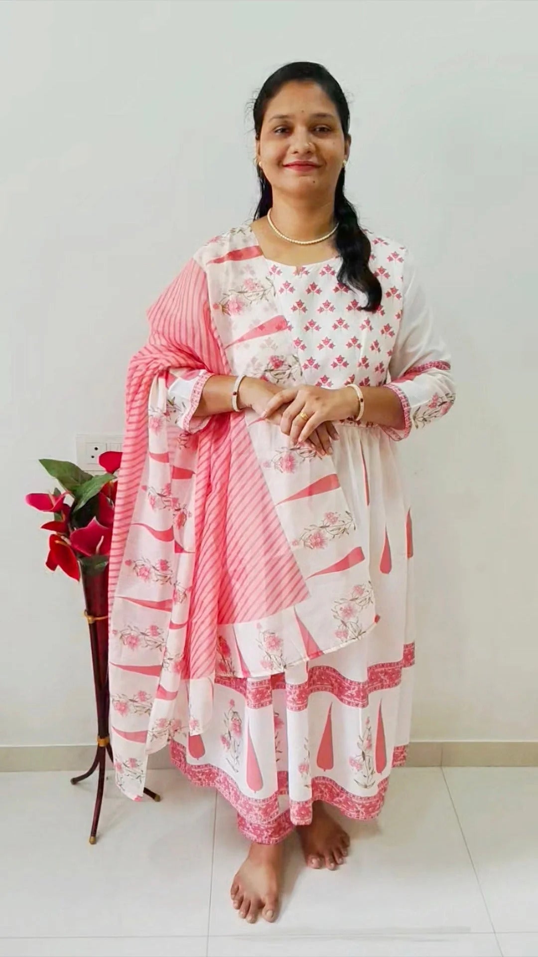 Elegant Collections Umbrella Type Kurti Pant Set in Floral Design with Matching Dupatta