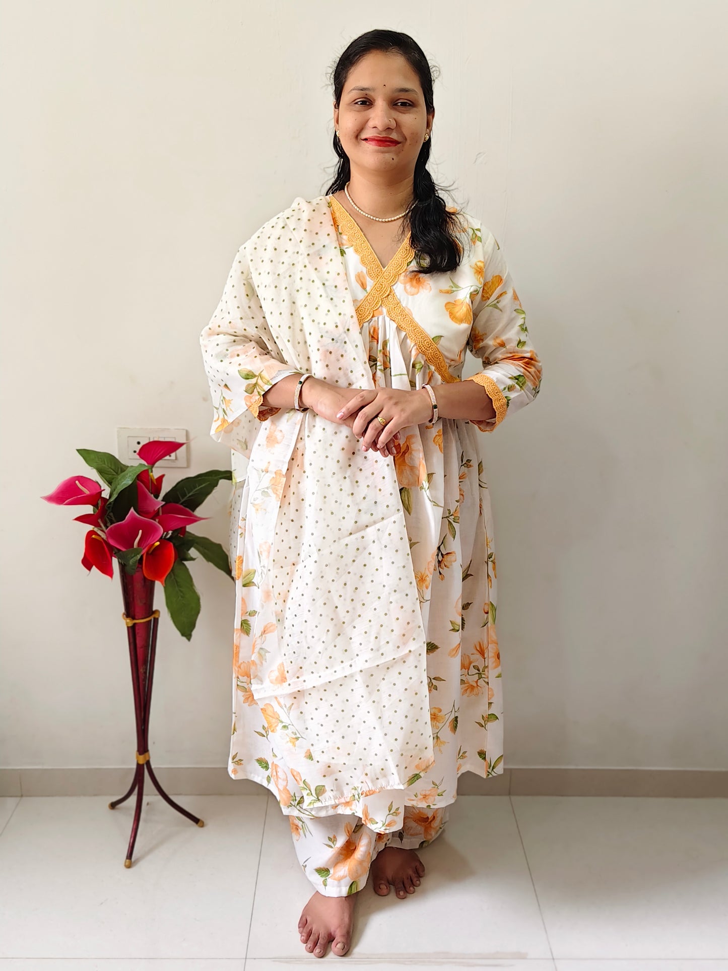 Elegant umbrella type kurti with dupatta featuring floral patterns and relaxed fit for comfortable wear