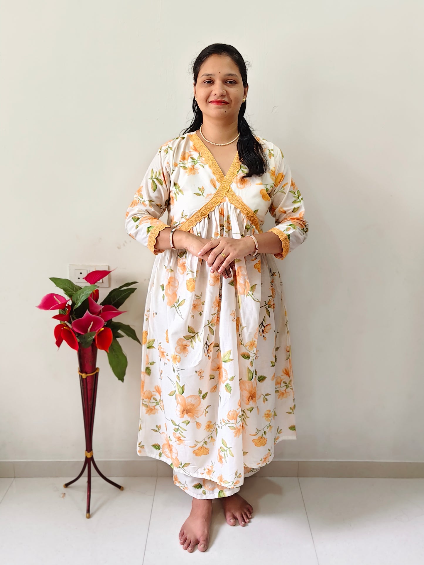 Elegant umbrella type kurti with dupatta in floral design, perfect for casual wear or festive occasions