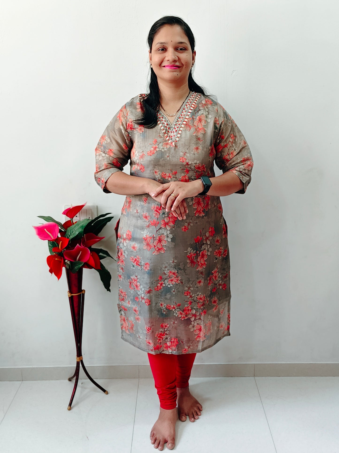 Elegant V-Neck Mirror Work Kurti in Floral Print with Three-Quarter Sleeves and Red Bottoms