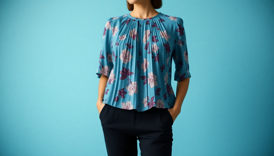  Elegant Collections Powdered blue pleated printed short top for women in worn with black pants