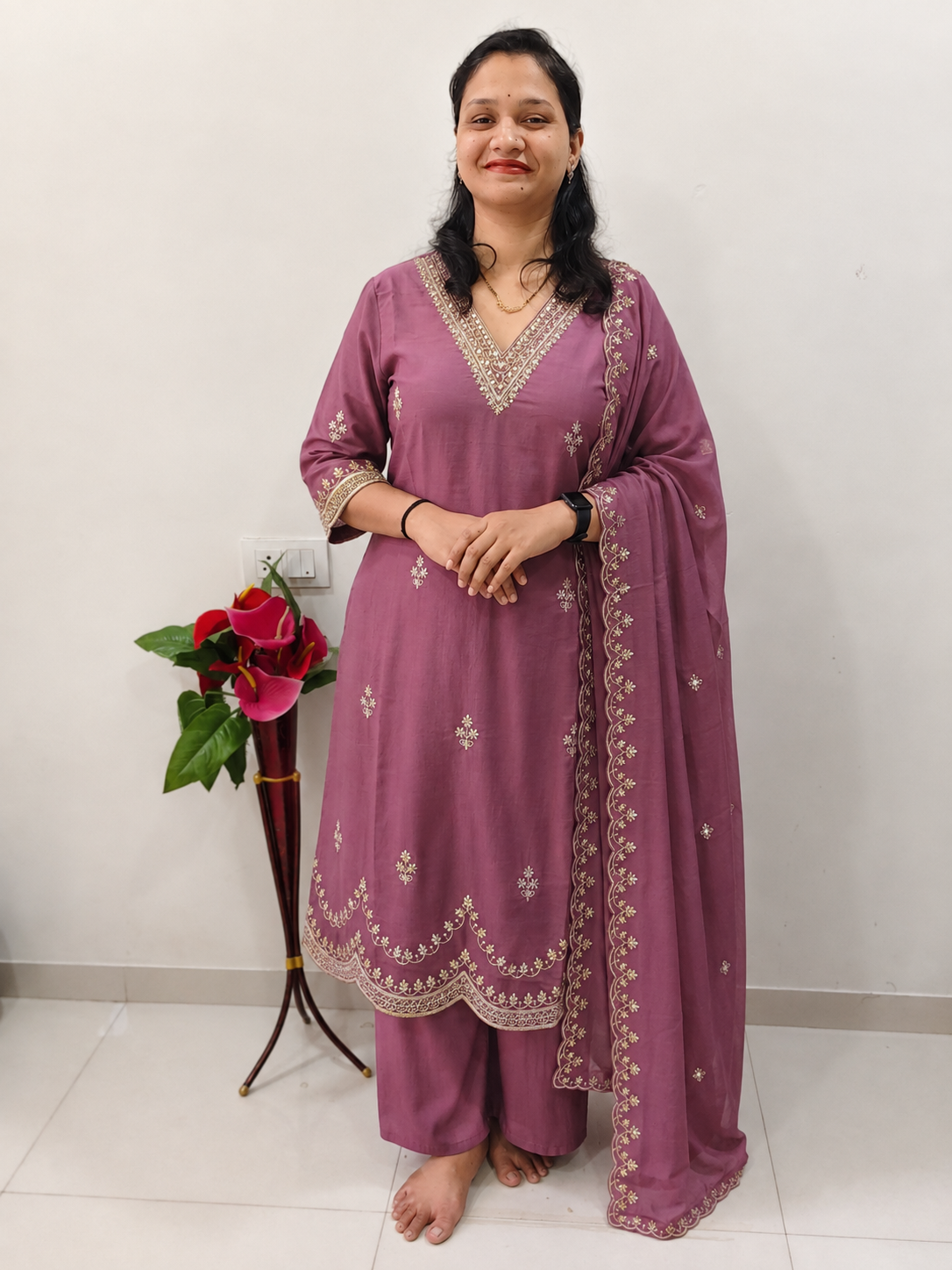 Roman Silk embroidered kurti set with V-neck, 3/4 sleeves, sequin cutwork dupatta and garara bottom for women