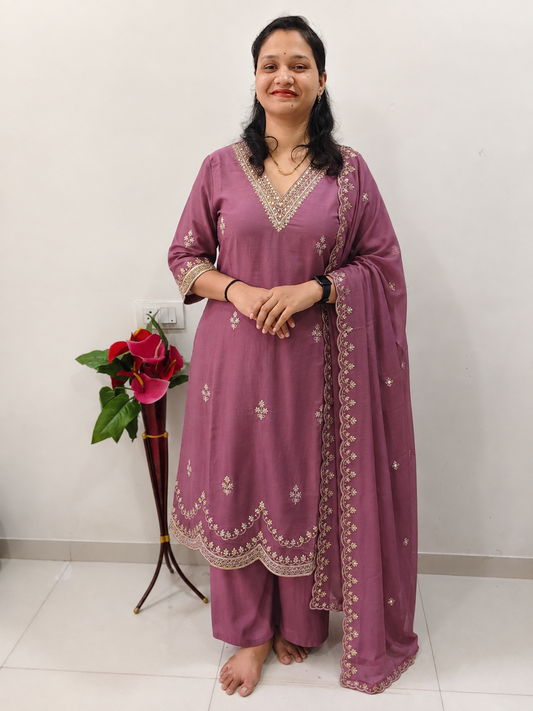Roman Silk embroidered kurti set with V-neck, 3/4 sleeves, sequin cutwork dupatta and garara bottom for women