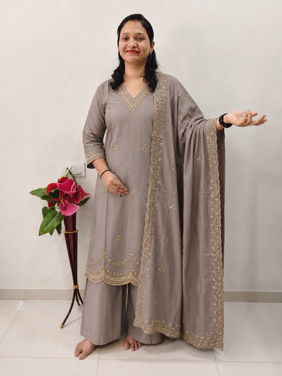 Roman Silk embroidered kurti set with V-neck, 3/4 sleeves, sequin cutwork dupatta and garara bottom for women
