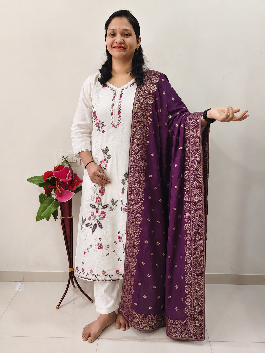 White Embroidered Kurta Set with designer Dupatta