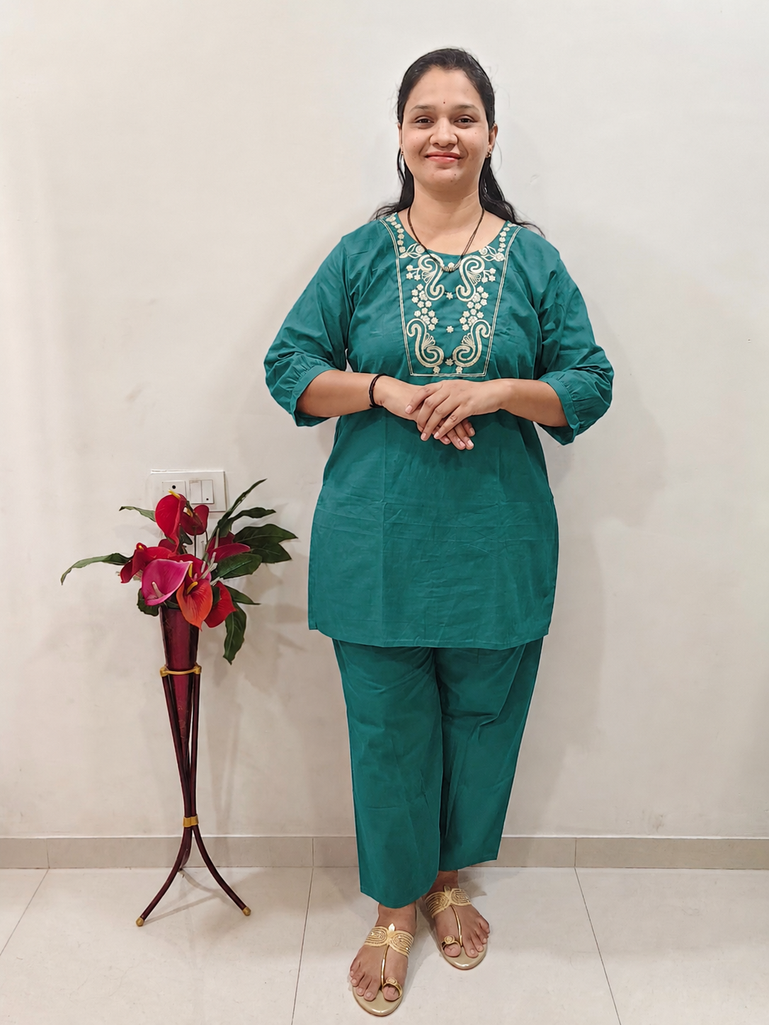 Pure Cotton Embroidered Short Co Ord Set (Teal Green)