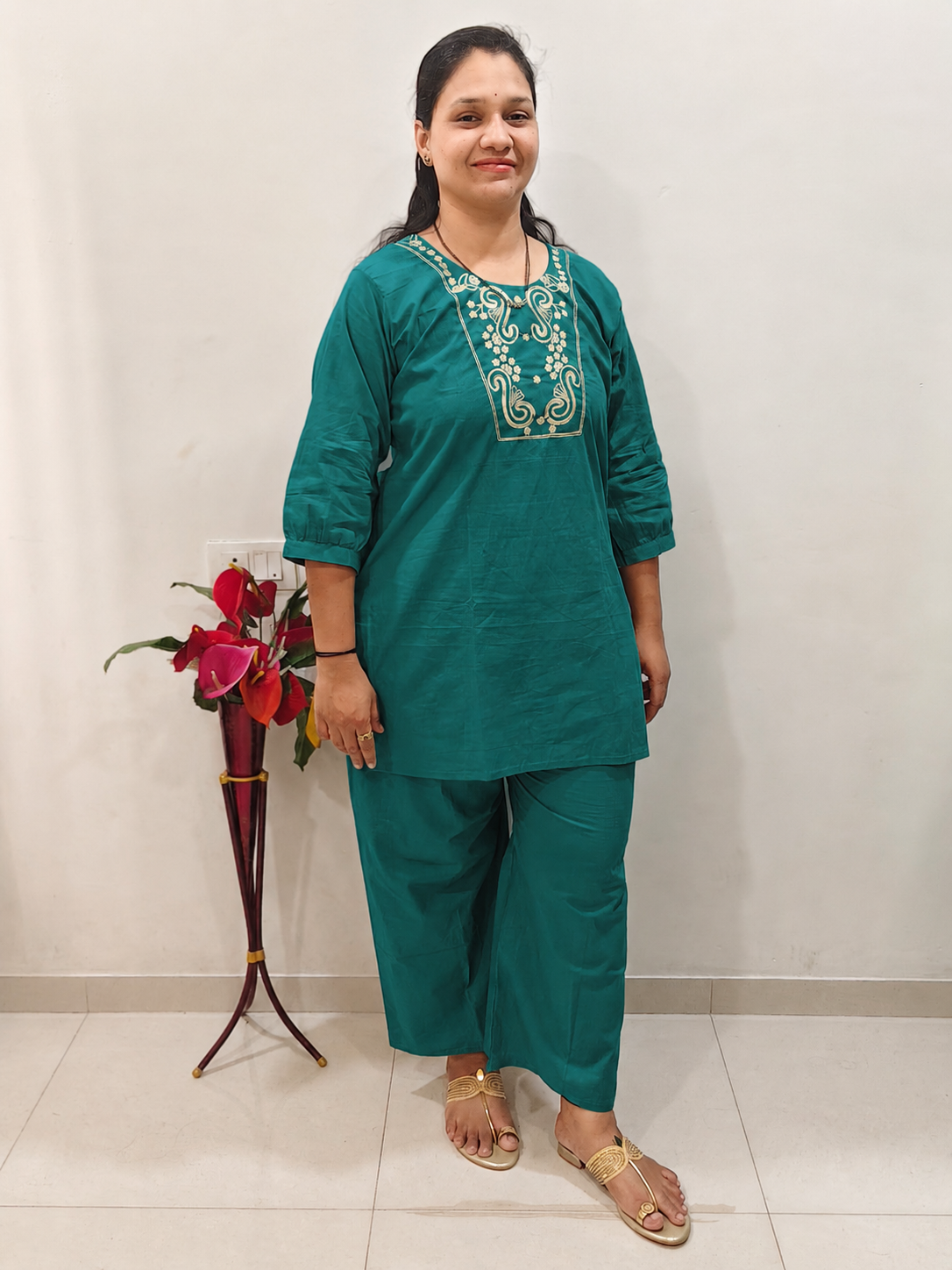 Pure Cotton Embroidered Short Co Ord Set (Teal Green)
