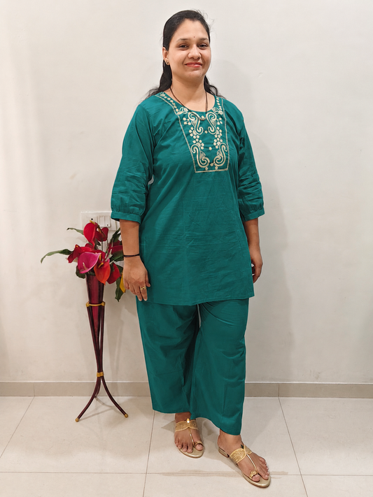 Pure Cotton Embroidered Short Co Ord Set (Teal Green)