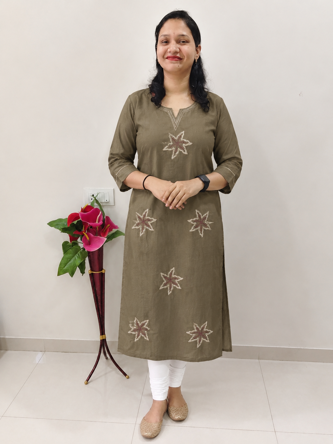 Premium embroidary work designer long kurti for women ( Grey)