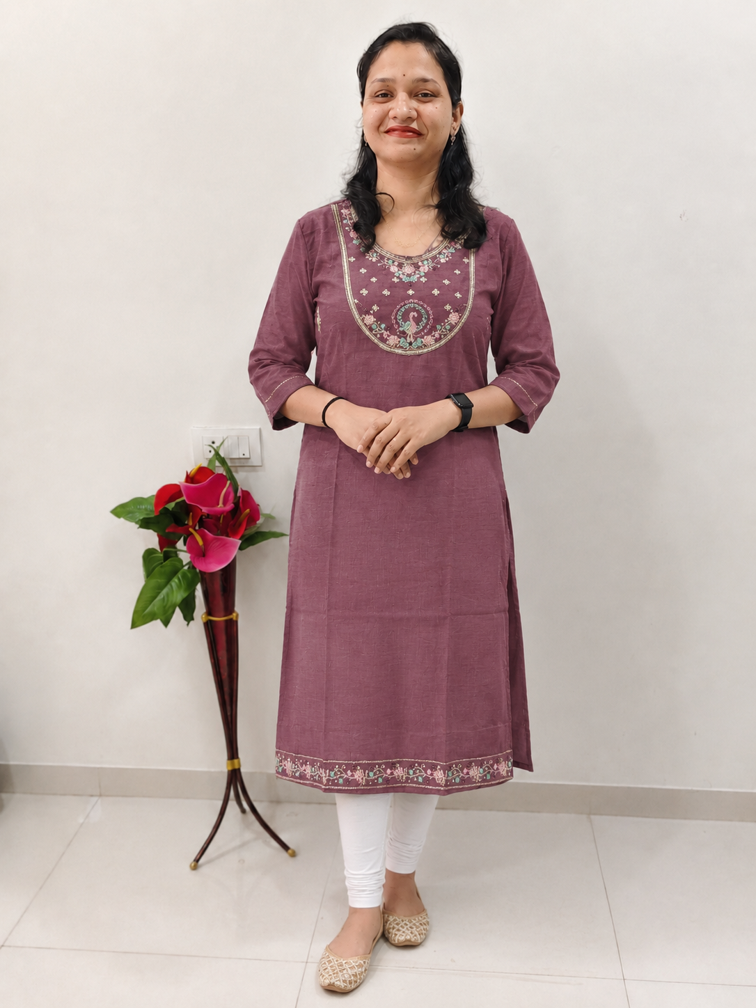 Premium embroidary work designer long kurti for women ( WIne)