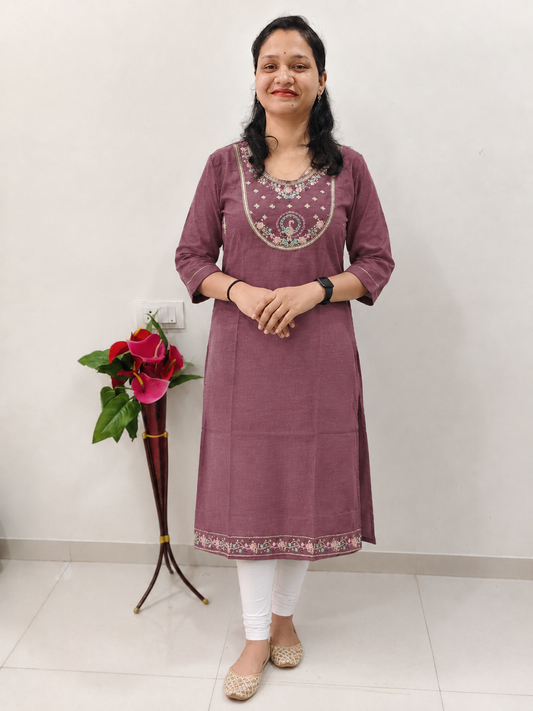 Premium embroidary work designer long kurti for women ( WIne)