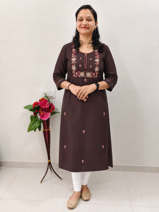 Premium embroidary work designer long kurti for women ( Coffee Brown)