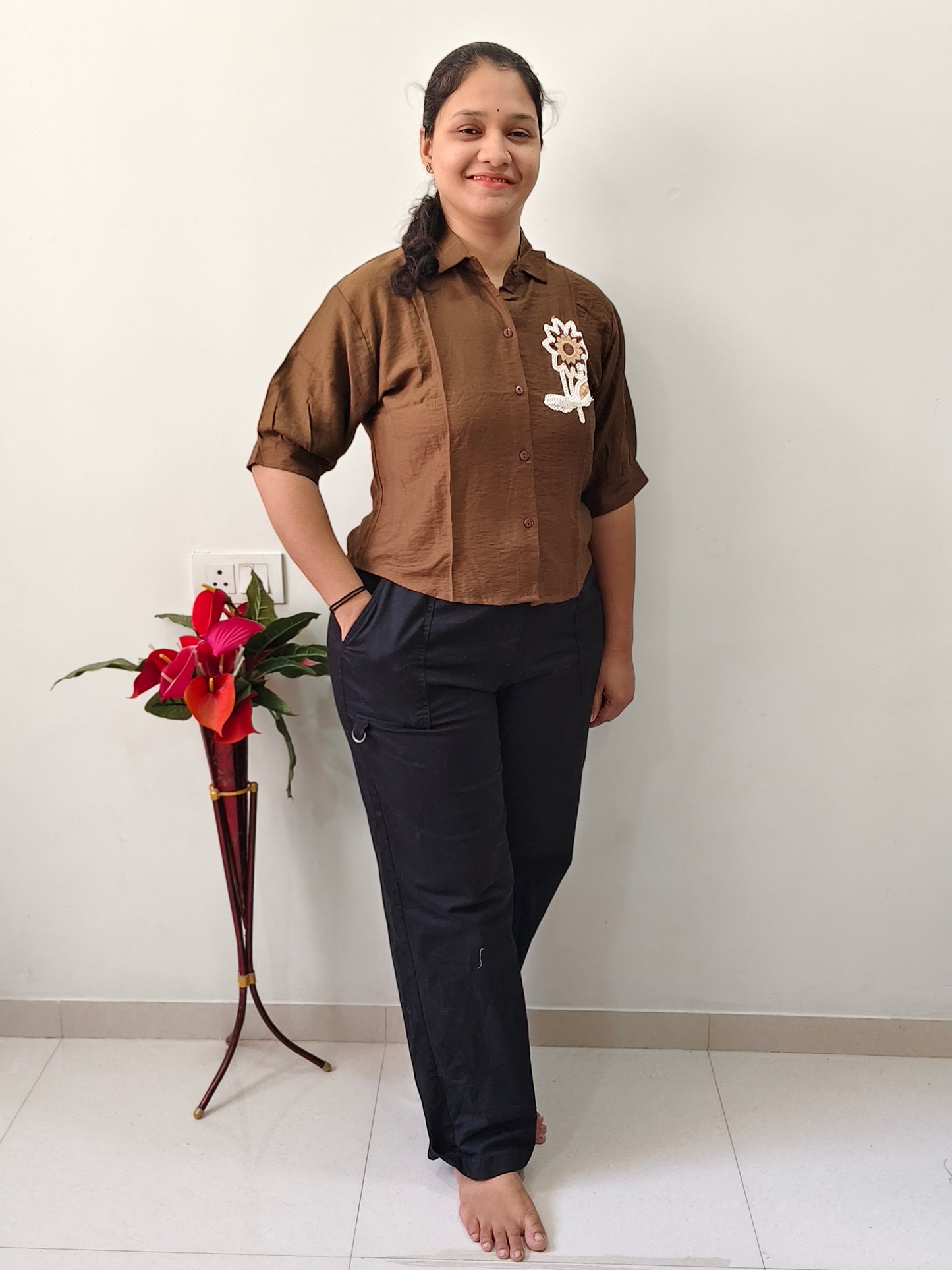 Premium Cotton Linen Short Top for Women (Coffee Brown)