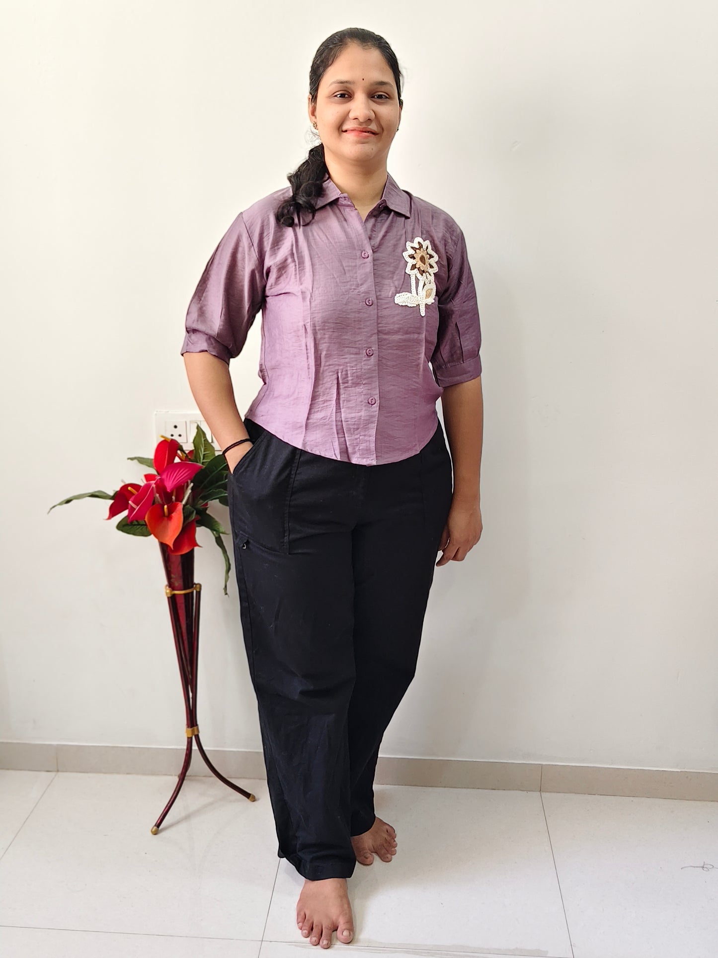 Premium Cotton Linen Short Top for Women (Wine)