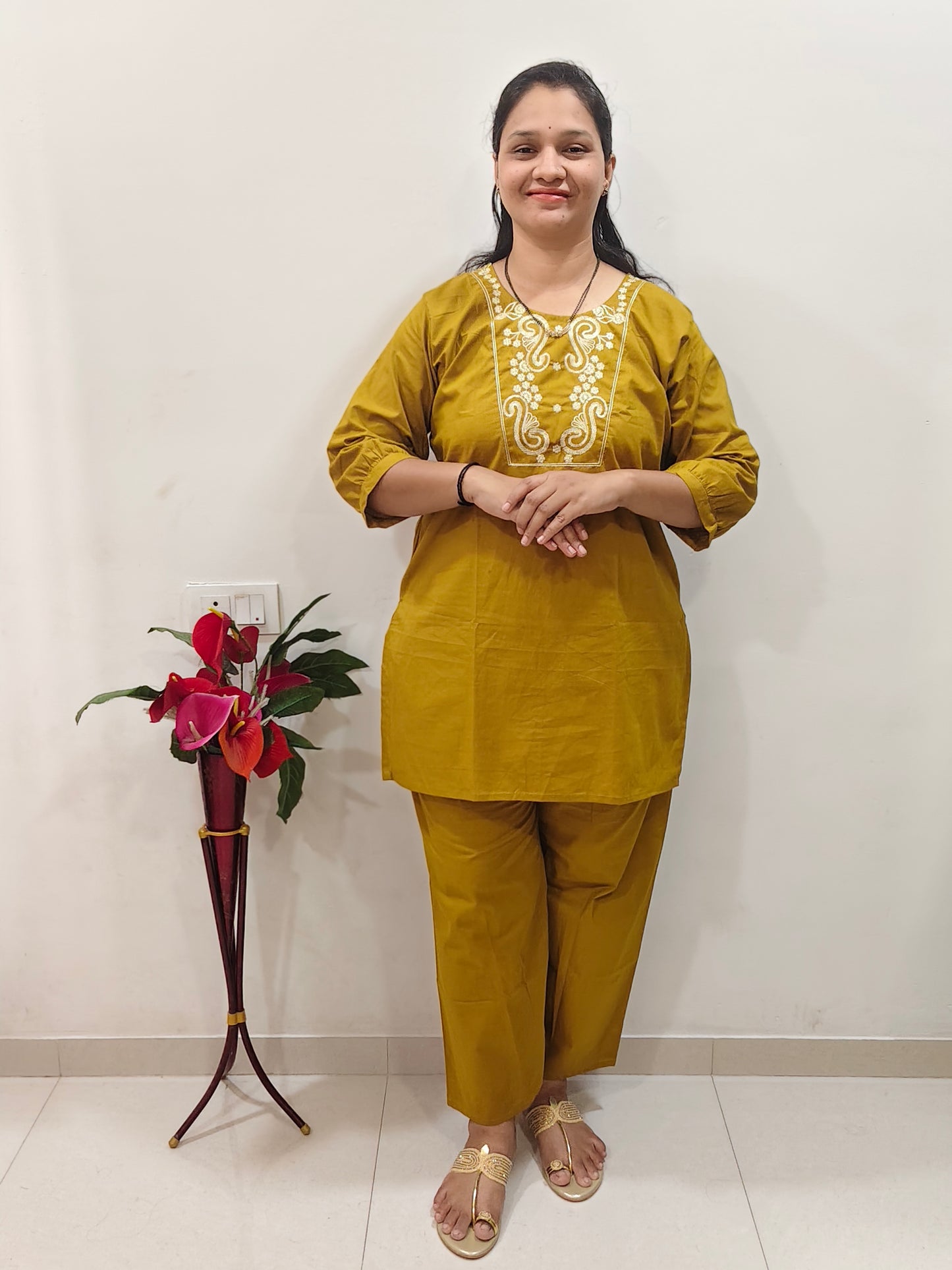 Pure Cotton Embroidered Short Co Ord Set (Mustard Yellow)