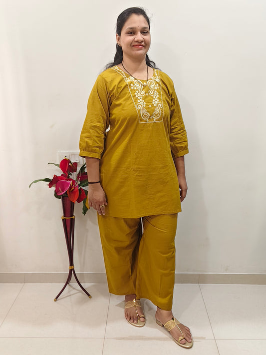 Pure Cotton Embroidered Short Co Ord Set (Mustard Yellow)