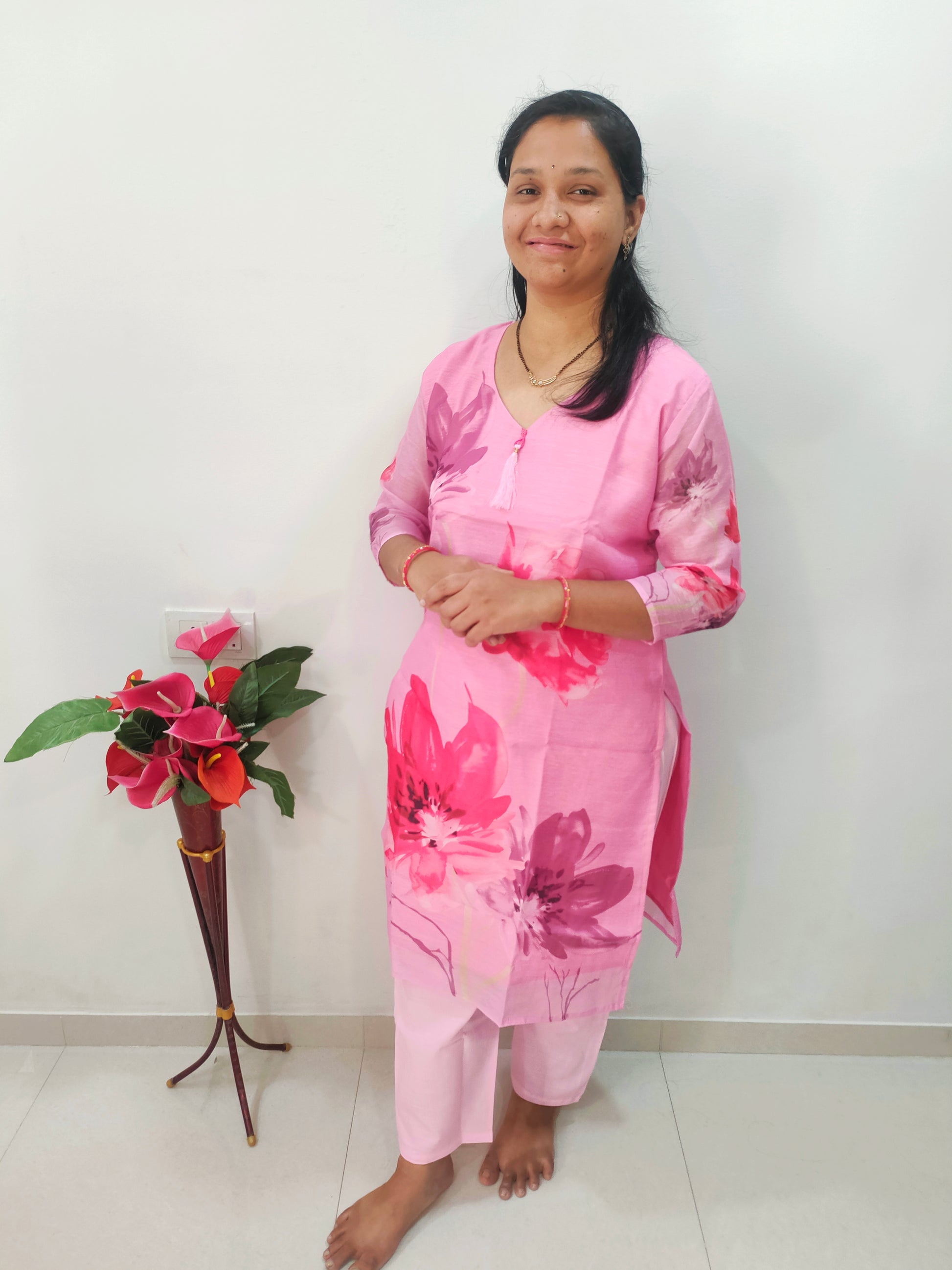 Elegant Chanderi cotton kurti set in pink with floral patterns, perfect for casual wear