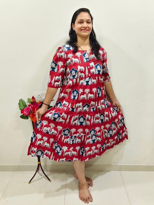 Elegant Collections Cotton Dress for Summer in Red with Floral and Elephant Print, Perfect for Warm Weather